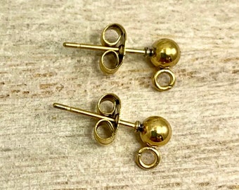4mm Gold Ball Posts / Studs, Surgical Stainless Steel Stud Findings, Open Loop, Studs with Clutches, Hypoallergenic Studs, STF-034GT-10pr