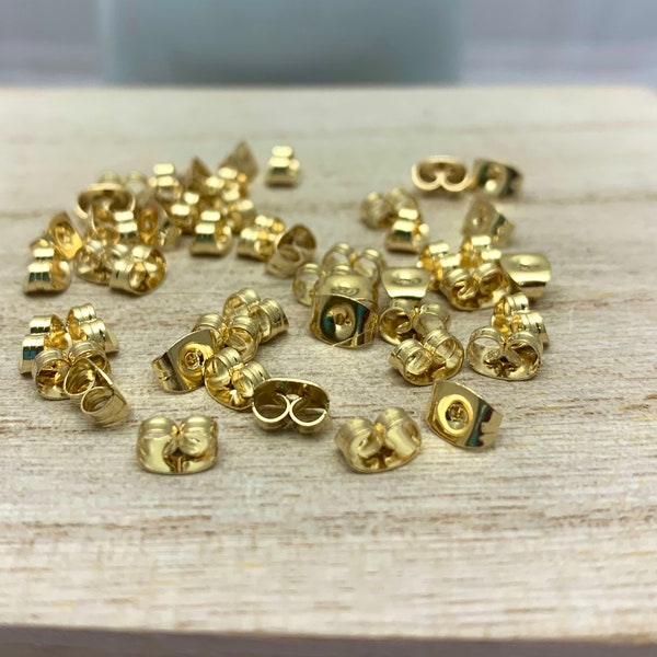 Stainless Steel Ear Nuts, Gold-Plated Steel Earring Backings for Post Ear Wires, Steel Butterfly Backs for Stud Earrings, 100 pcs