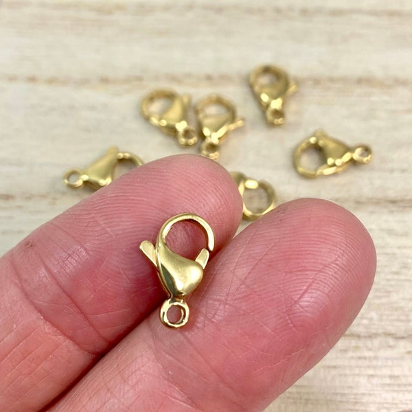 13x8mm Gold Stainless Steel Clasps, Qty 10 Steel Lobster Clasps, Tarnish Resistant Clasps, Hypoallergenic