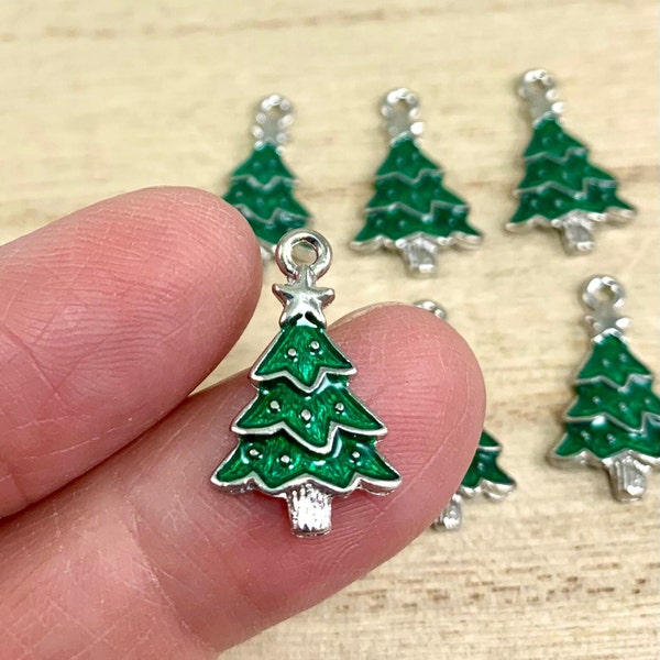 Enamel Christmas Charms, Christmas Tree Charms, Green Tree Charms, Color Christmas Tree Charms, Qty 6