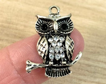 Antiqued Silver Owl Charm Pendants, Rhinestone Owls, Sparkly Owls Charms, Choose Qty of 2 or 4, 27x21mm, CH-1016