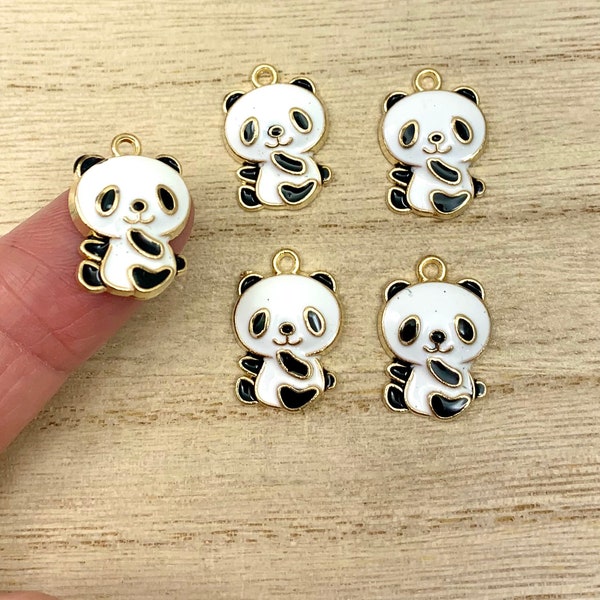 Panda Charms, Enamel Panda Bear Charms, Gold-Tone Enamel Charms, 5 Pcs