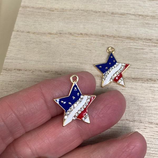 2 Pieces, Patriotic Star Pendants, Rhinestones, Stars and Stripes, Red, White and Blue, Star Charms