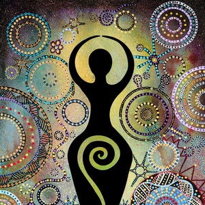 May include: Abstract art painting with a black silhouette of a female figure in the center. The figure is surrounded by colorful circles, dots, and swirls. The background is a dark, textured canvas.