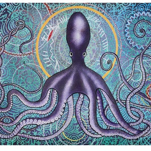 May include: A purple octopus with eight tentacles is surrounded by a swirling pattern of circles and lines in shades of blue, green, and gold.