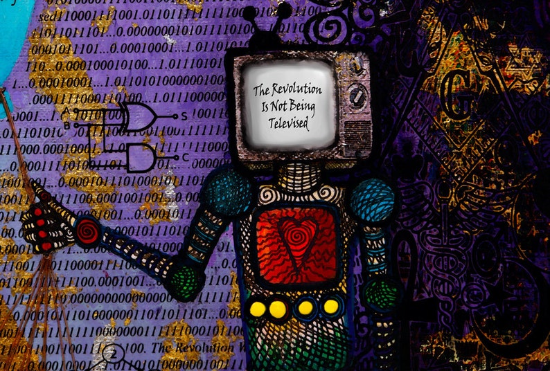 K&ouml;nnte beinhalten: Digitaldruck eines Roboters mit Fernseh-Kopf, auf dem "The Revolution Is Not Being Televised" steht. Der Roboter hat eine herzf&ouml;rmige Brust und einen Hintergrund aus Bin&auml;rcode und lila Farbt&ouml;nen.