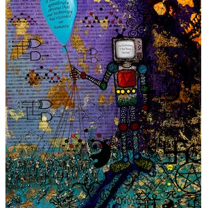 Pode incluir: Impressão de arte digital com um robô com cabeça de TV segurando um balão azul. O fundo é uma colagem de código binário e símbolos, com o texto "The Revolution Is Not Being Televised."