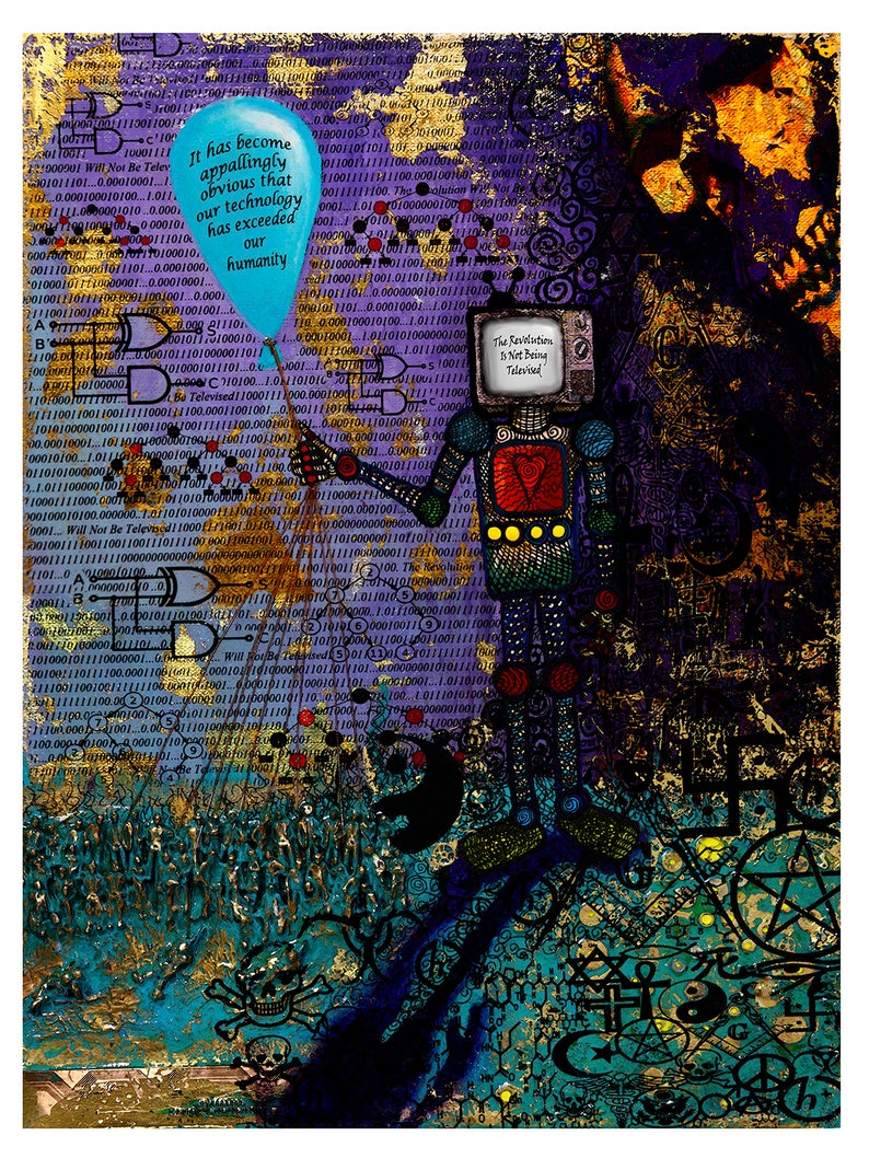 K&ouml;nnte beinhalten: Digitaldruck mit einem Roboter mit Fernseh-Kopf, der einen blauen Ballon h&auml;lt. Der Hintergrund ist eine Collage aus Bin&auml;rcode und Symbolen, mit dem Text "The Revolution Is Not Being Televised."