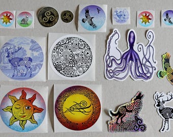 May include: A collection of stickers and metal pins featuring various designs. The stickers showcase images of animals, celestial bodies, and abstract patterns in vibrant colors. The metal pins display Celtic knot designs. The stickers vary in size and shape.