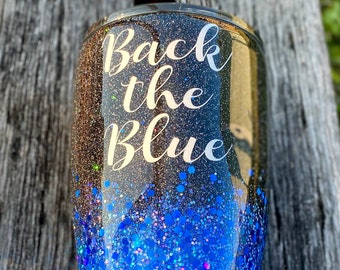 Back the Blue Glitter Tumbler Trempé