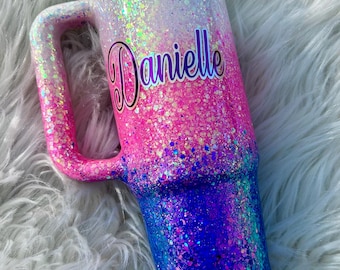 Vaso Stanley con asa, color rosa ópalo y purpurina morada / 30 40 oz Stanley