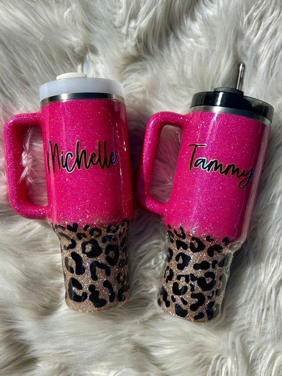 Pink + Cheetah 40 Oz Hot Pink Glitter Tumbler With Handle