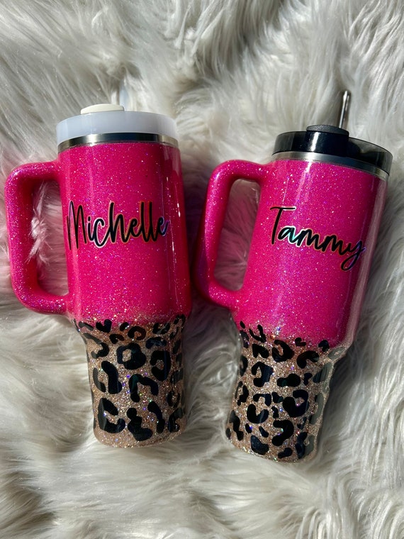 Customized Hot Pink Leopard Glitter Stanley Tumbler Pink 