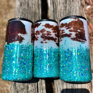 Cowhide Can Cooler Turquoise Glitter