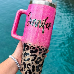 Pink + Cheetah 40 Oz Hot Pink Glitter Tumbler with handle | Stanley