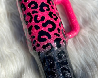 Pink + Black Cheetah 40 Oz Hot Pink Glitter Tumbler with handle | Stanley