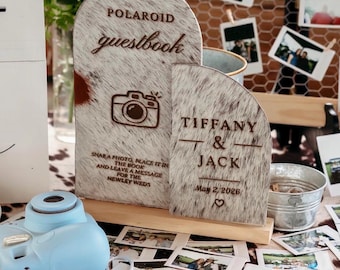 Personalized Cowhide Polaroid Guest Book Sign Set | Wedding Photo Guestbook Sign | Instax Camera Sign | Rustic Western Wedding Decor | Custo