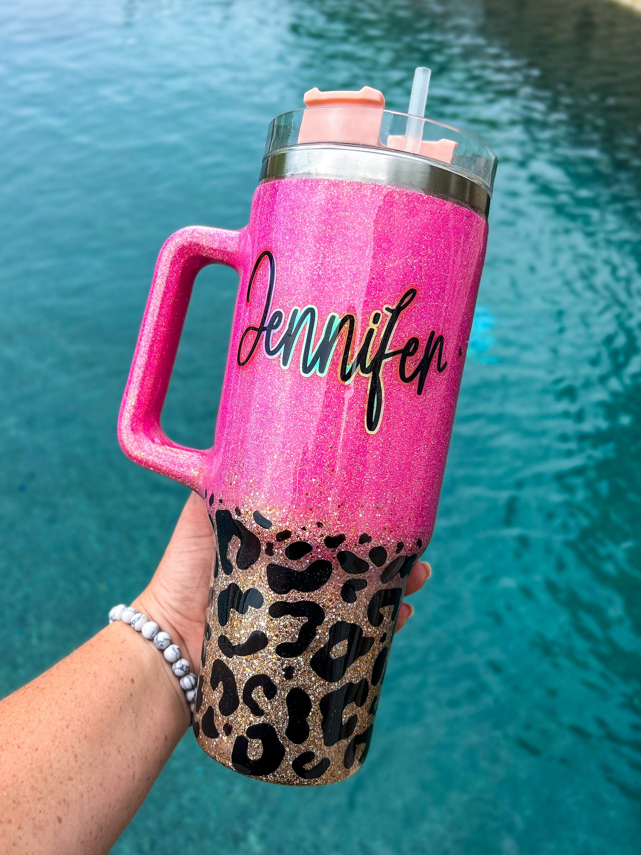 Pink + Cheetah 40 Oz Hot Pink Glitter Tumbler With Handle