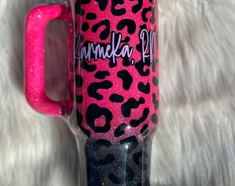 Pink + Black Cheetah 40 Oz Hot Pink Glitter Tumbler with handle | Stanley
