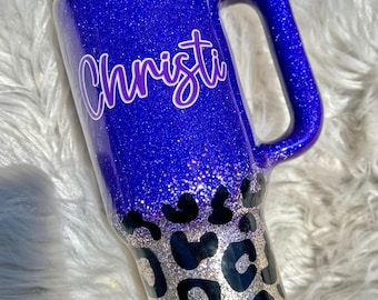 Vaso Stanley con purpurina de guepardo morado - Taza personalizada de 40 oz