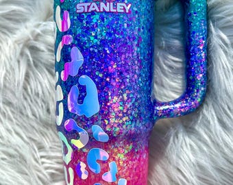 Purple Teal Pink Leopard Opal Glitter 40 Oz Glitter Tumbler with handle | Stanley