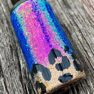 Purple + Gold Glitter Cheetah Can Cooler