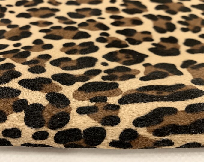 Beige Leopard Print Ponyskin 19''X17'', Hair on leather, Calfskin, Italian Leather, Genuine Leather, Animal Prints, Leather Hides for Sale