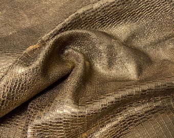 Gold Metallic Snake Print, Calf skin, Exotic print leather with metallic effect, Leather supplier, Genuine Italian leather for crafts