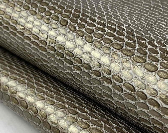 Bronze Glossy Snake print leather, Genuine Italian calf skin, Leather by the yard, Exotic prints, Leather supplier, Glossy leather hide