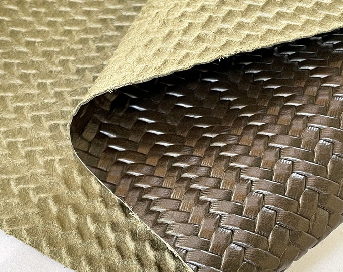 Olive Woven Leather, Genuine Italian Calf Skin, Soft and Durable Leather Hide for Bag making, Shoemaking, Clothing, Crafts and DIY Creations