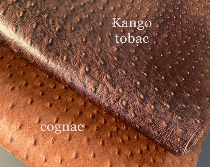 2 Pieces Ostrich Print Leather Sheets, Stamped leather,Small leather pieces for crafts and DIY, Durable Italian Calfskin, Brown&Cognac Color