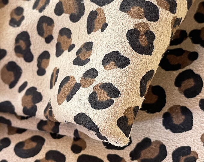 Beige Leopard Split Suede Leather, Calf Suede for Clothing, Sewing, Leather Crafting, Genuine Italian Leather Hide for Bag and Shoe Making