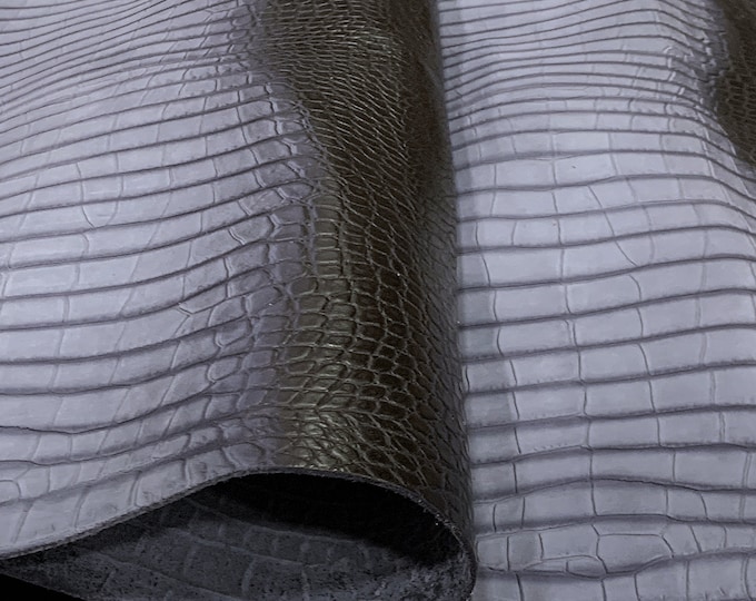 Blue Grey Crocodile Stamped leather, Calf leather for shoes and handbags, Genuine Italian calfskin, Exotic prints on leather, DIY leather