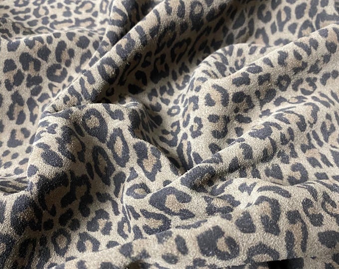 Gray Leopard Split Suede Leather, Calf skin Leather, Animal Prints for Crafts and DIY, Genuine Italian Leather for clothing and sewing
