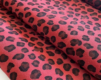 Red Leopard Print Split Suedec Leather, DIY leather hides, Animal print leather, Calf suede, Genuine Italian Leather hides, 2-3oz leather