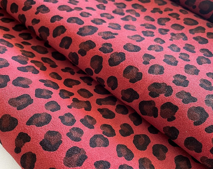 Red Leopard Print Split Suedec Leather, DIY leather hides, Animal print leather, Calf suede, Genuine Italian Leather hides, 2-3oz leather