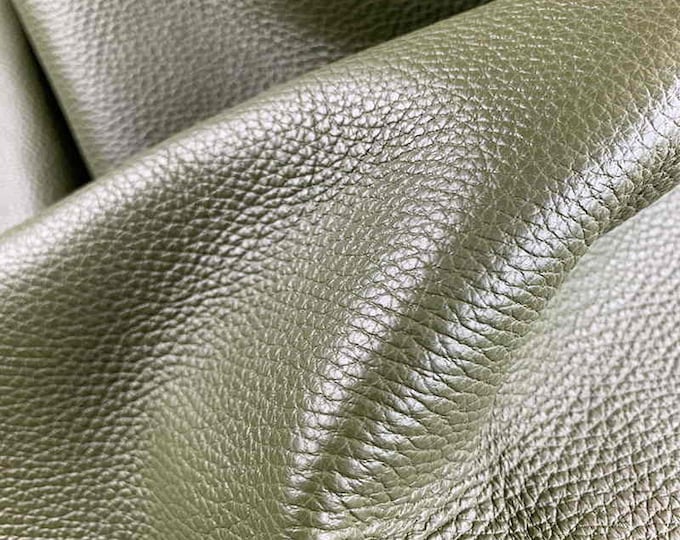 Olive green embossed leather, Dollaro leather hides, genuine Italian leather, Leather for upholstery and leather crafting, Textured Cowhides