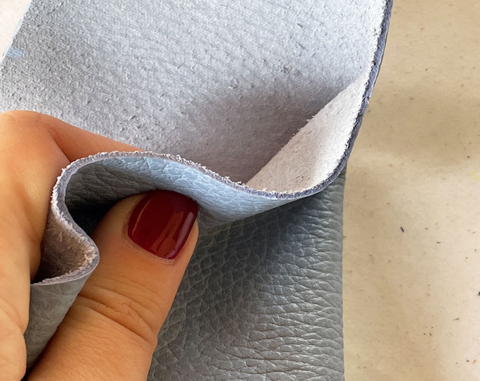 Light Blue Pebble Grainy Leather, Dollaro Halfhide, Cowhides for Bag making, Upholstery, Leather Crafting, Italian Leather Supplier