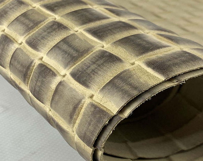 Beige Woven Stamped Leather, Genuine Italian leather for bags, shoemaking, Leather by the yard, Durable leather hides, Calf skin for sale
