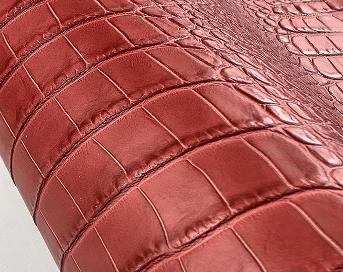Lipstick Red Croco Print Leather, Calf skin for shoemaking, bag making, Genuine Italian leather for leather crafting, Embossed Cowhides