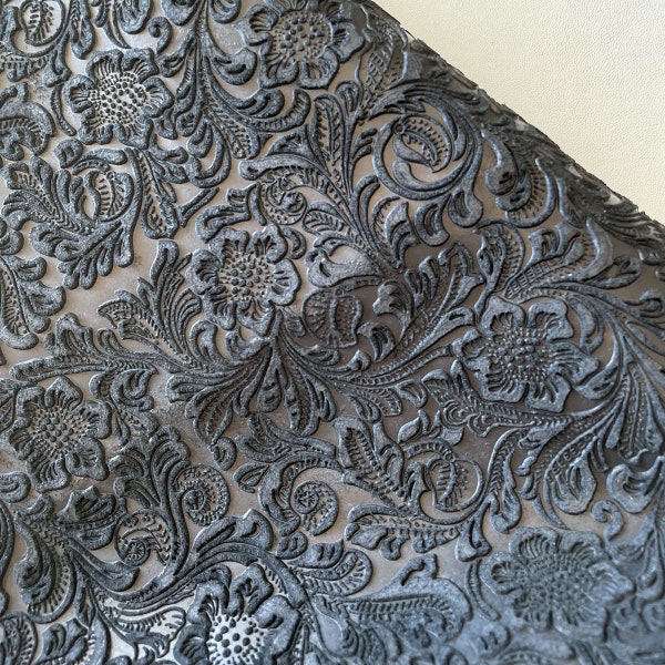 Black Floral Print Suede Leather, Floral Pattern Leather Hides, Genuine Italian Calf Skin, Leather Crafting, DIY Leather pieces by the yard