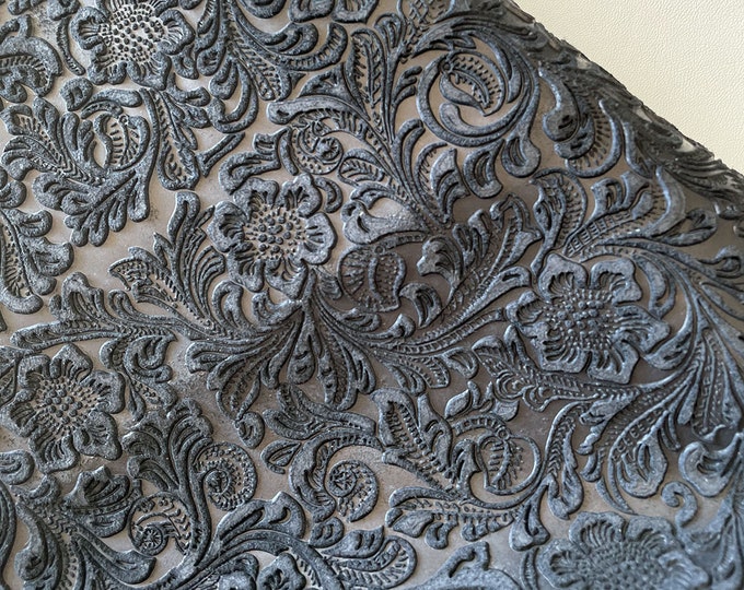 Black Floral Print Suede Leather, Floral Pattern Leather Hides, Genuine Italian Calf Skin, Leather Crafting, DIY Leather pieces by the yard