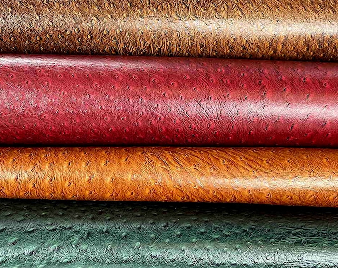 Ostrich Leather Prints, Embossed Leather hides with ostrich stamp, Red, Cognac, Green, Kango tobac Ostrich Print, Vegetable Tanned Leather