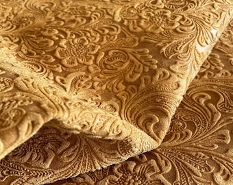 Camel Floral Print Leather, Floral Pattern Leather Hides, Suede Calfskin, Genuine Italian leather, DIY leather supplier, Leather by the yard