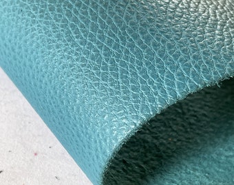 Teal Pebble Grainy Cowhide Leather, Half Hide Dollaro Leather, Durable Leather for Upholstery and Crafts, Genuine Italian Leather Supplier