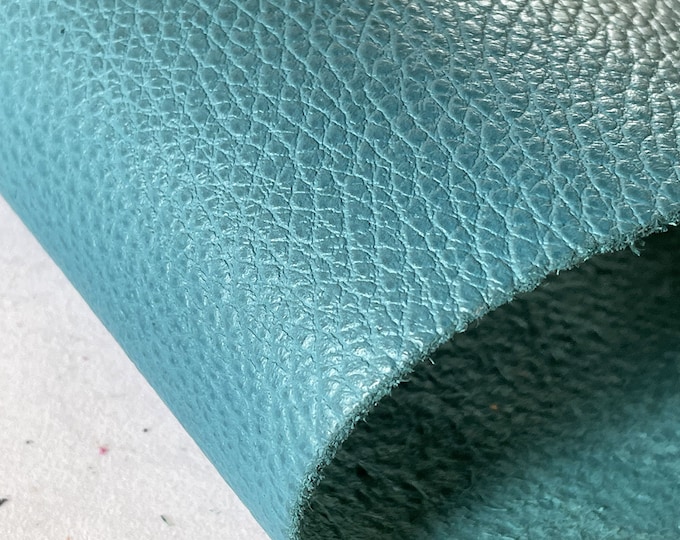 Teal Pebble Grainy Cowhide Leather, Half Hide Dollaro Leather, Durable Leather for Upholstery and Crafts, Genuine Italian Leather Supplier