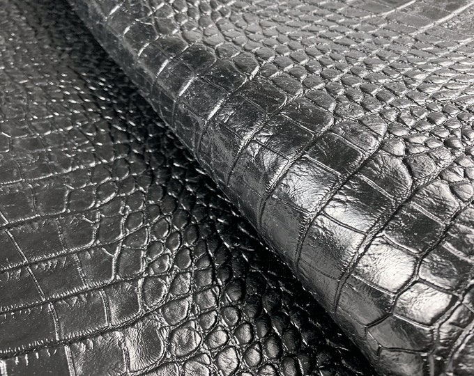 Black Croco print Leather, 3D Stamped leather, Aligator print, Exotic print, Italian leather, Genuine leather, Cow leather, Crocodile print