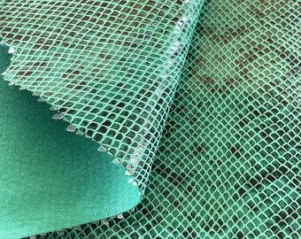 Green Glossy Snake Patter Leather, Genuine Italian Goat Skin for Handbags, Leather clothing, Accessories, Crafts and DIY, Exotic Prints