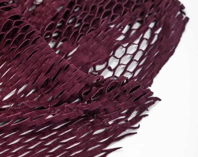 Deep Bordeaux Fish Net Leather, suede lampskin Italian genuine leather laser cut natural sheep hide
