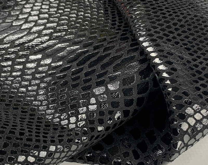 Black Snake Print Film Leather, Glossy calf suede for leather shoes, bags, wallets, upholstery. Genuine Italian leather, Snake Pattern Hide